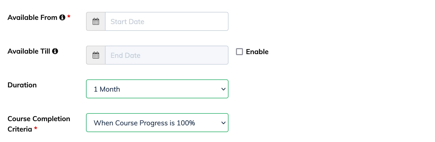 Course completion criteria in AlphaLearn LMS