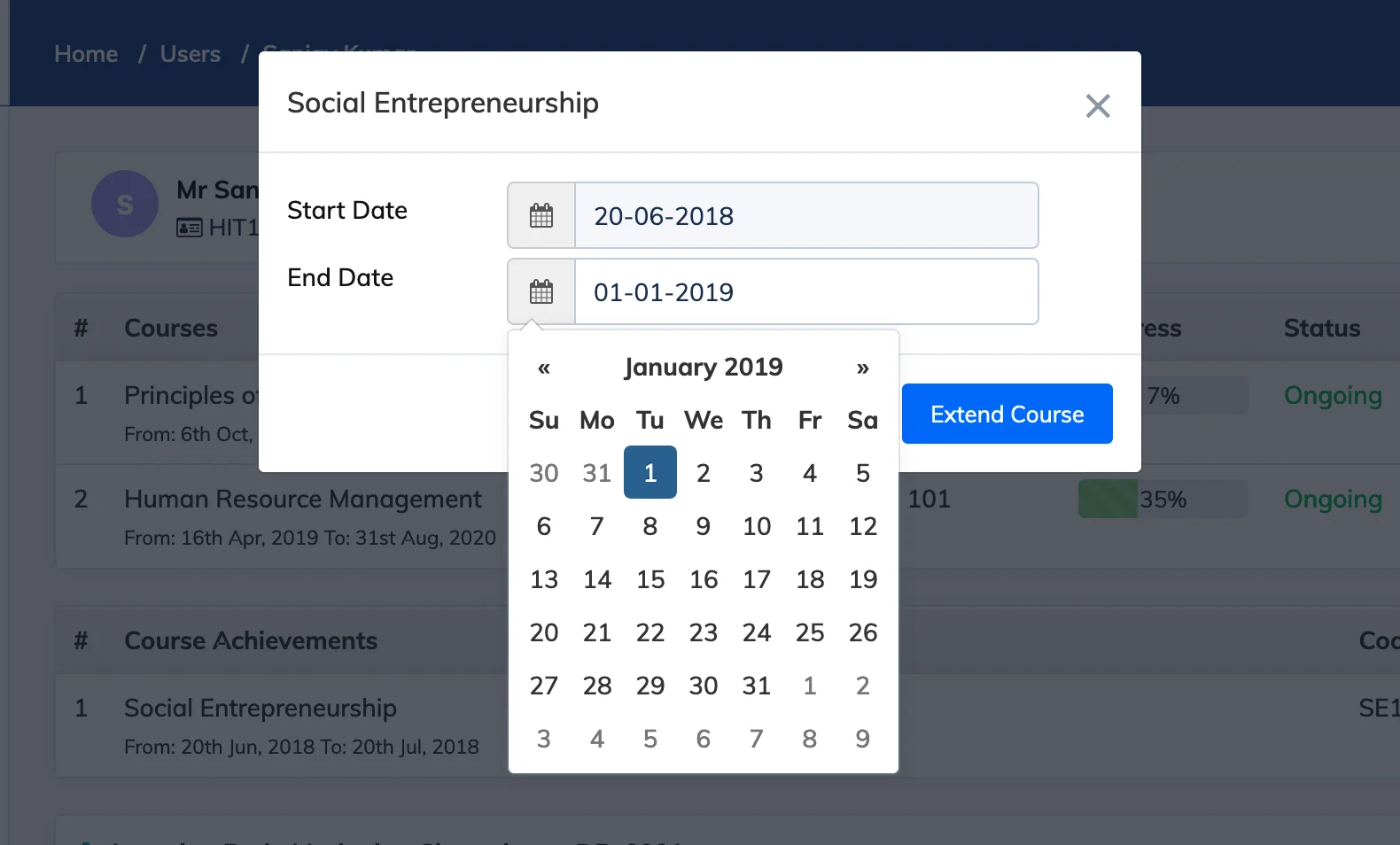 Extend course duration for a Trainee in AlphaLearn LMS