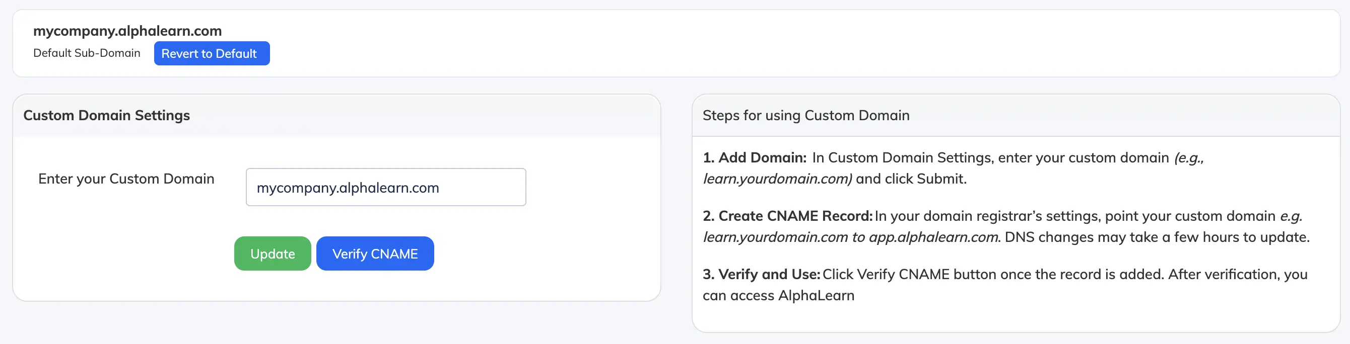 Accessing LMS using a custom domain in AlphaLearn