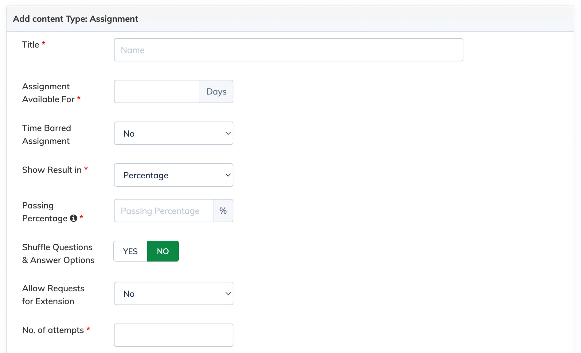 Assignment settings in AlphaLearn LMS