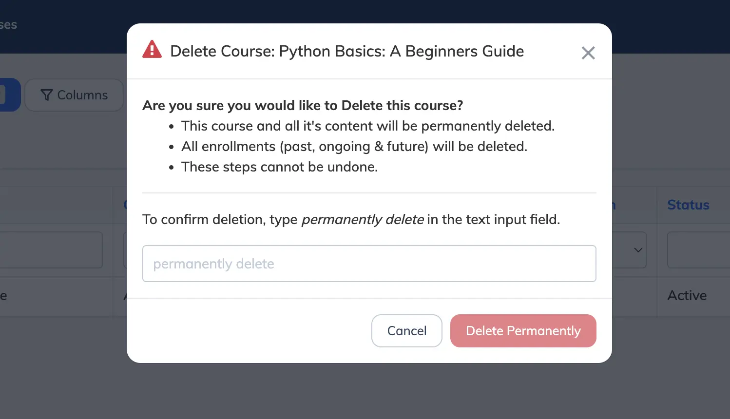 Confirm course deletion in AlphaLearn LMS