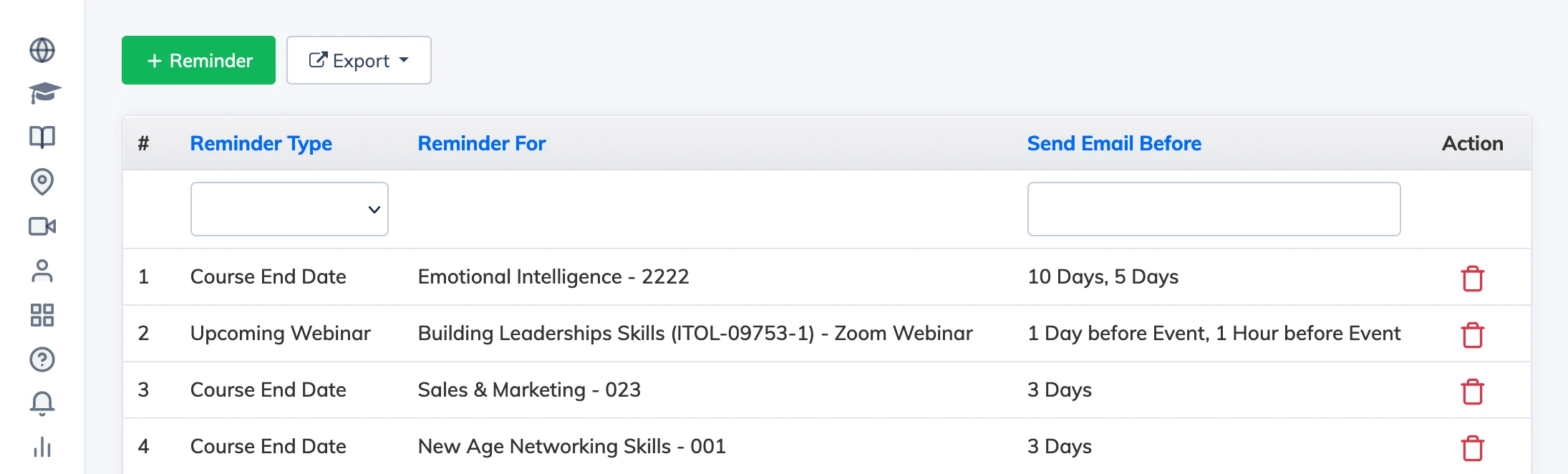 Reminders settings in AlphaLearn LMS