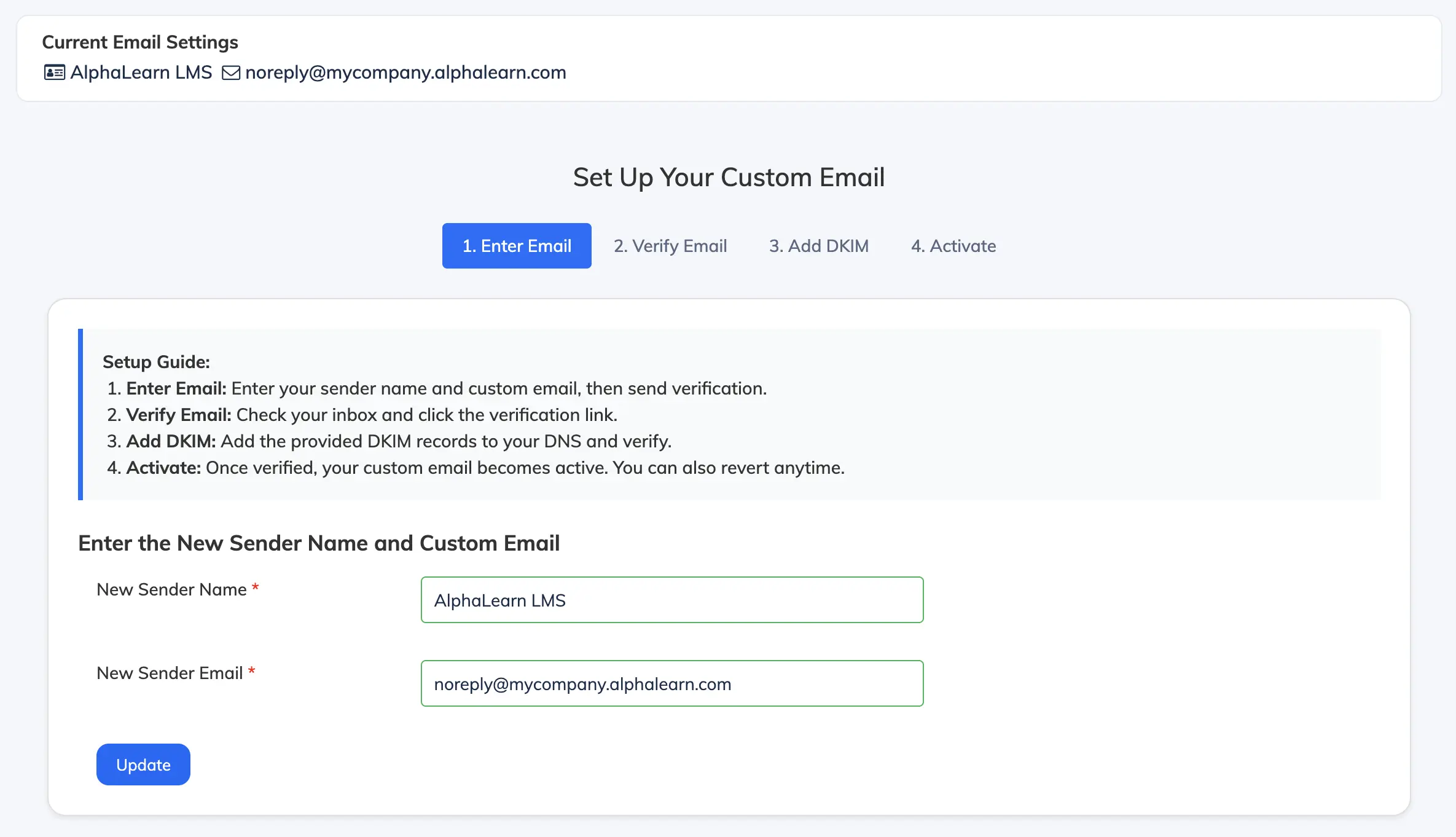 Customize email address settings in AlphaLearn LMS