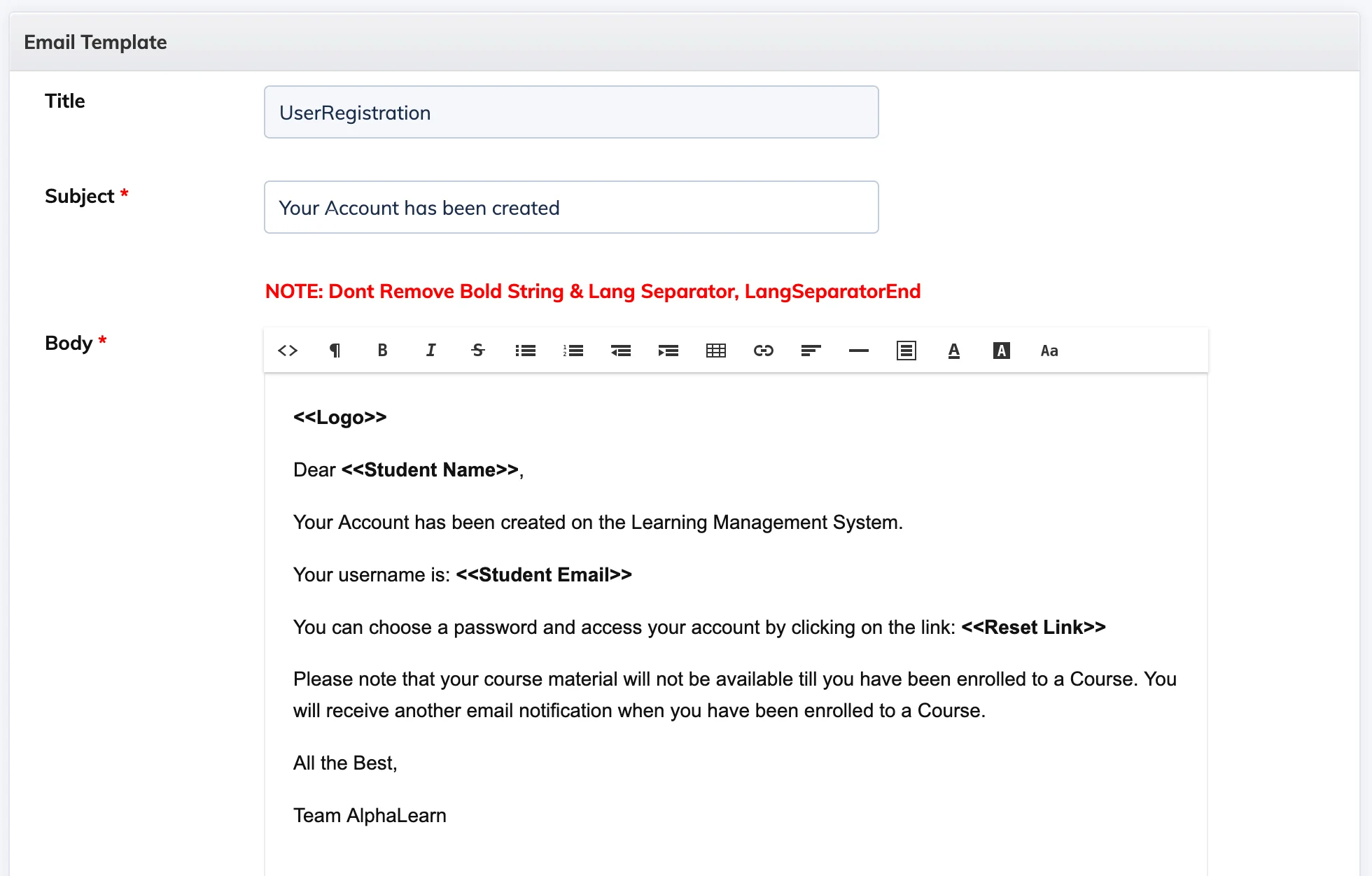 Customising an email template in AlphaLearn LMS