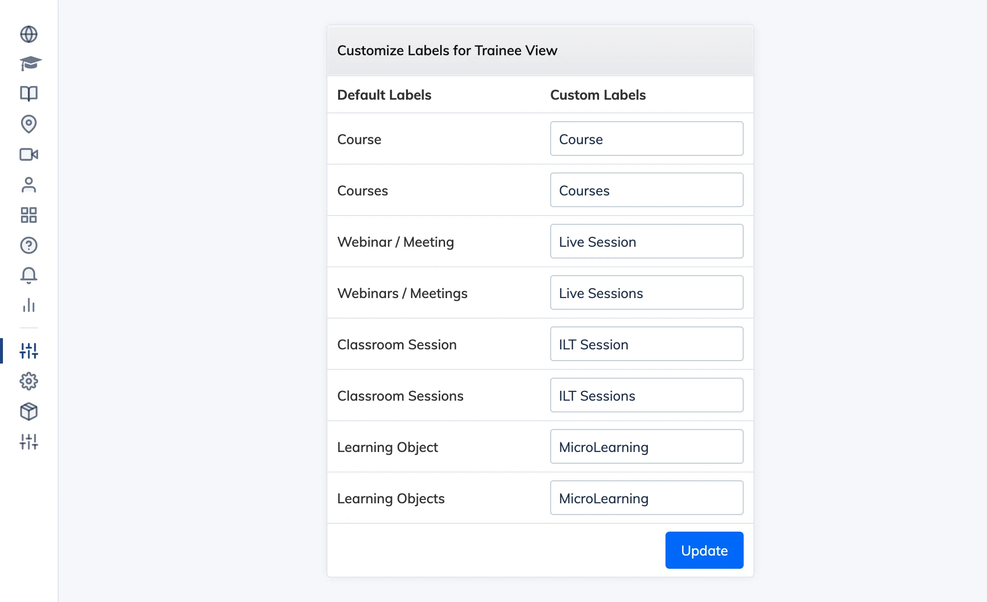 Customize learner navigation labels in AlphaLearn LMS
