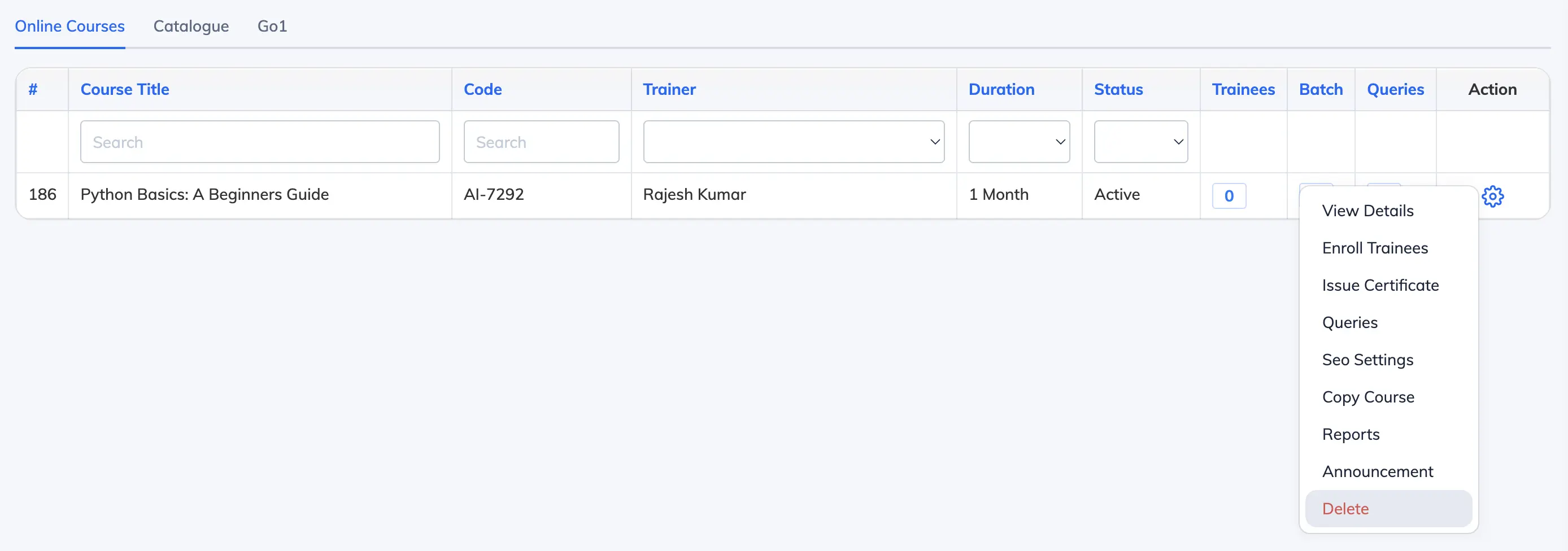 Delete a course in AlphaLearn LMS