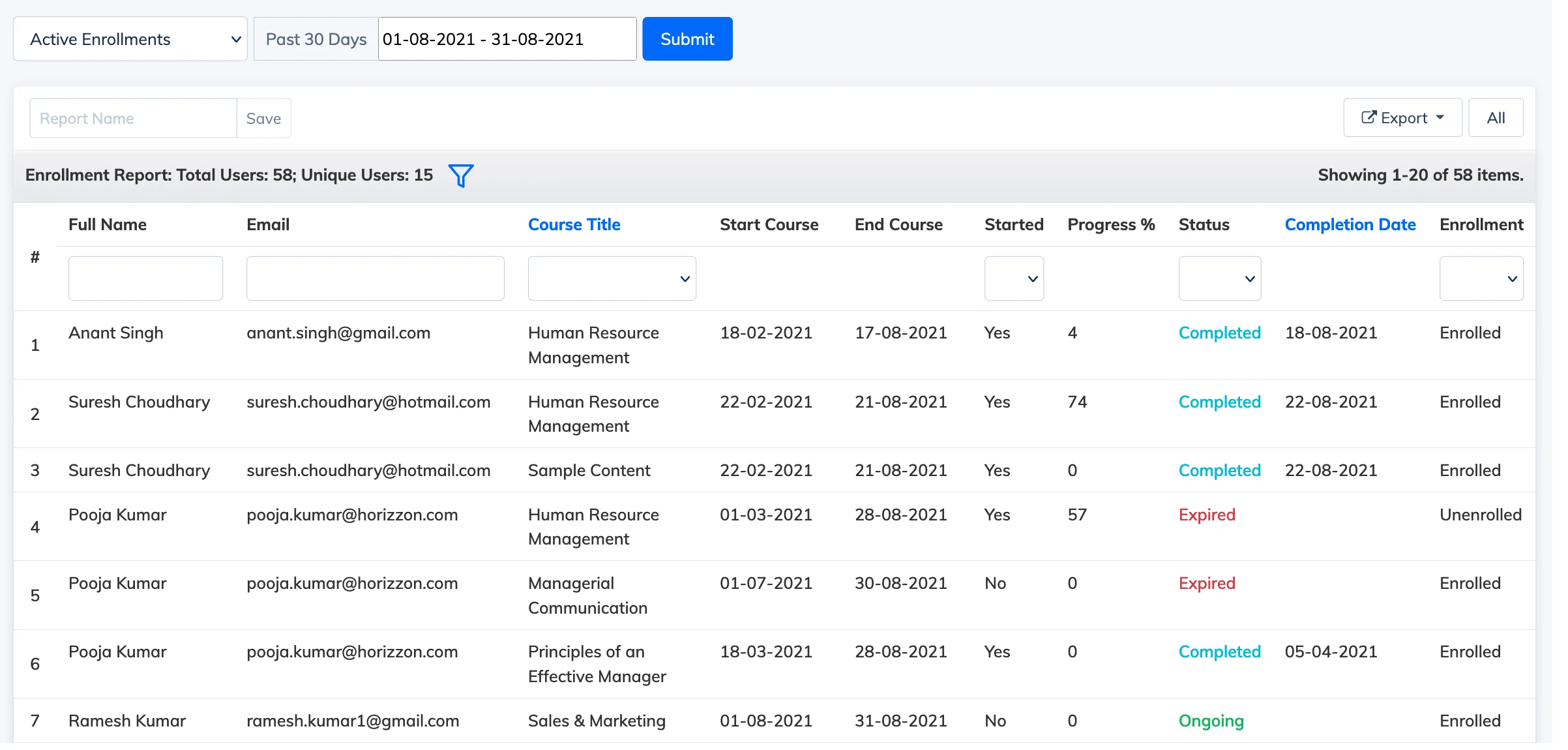 Enrollment Report in AlphaLearn LMS