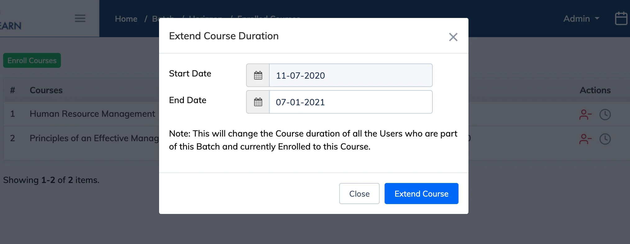 Extend Course Duration of a Batch in AlphaLearn LMS