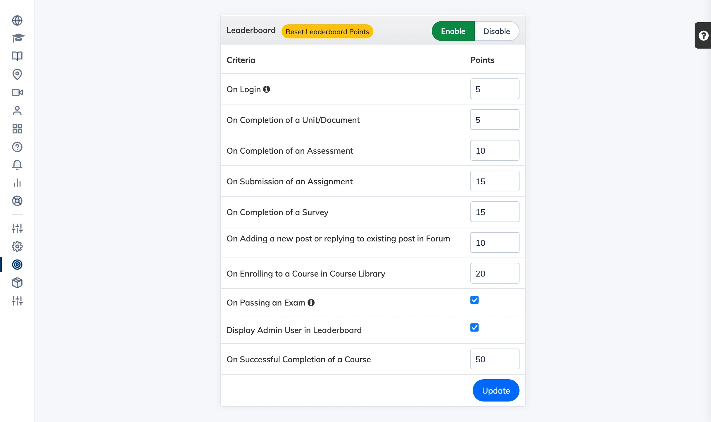 Gamification leaderboard settings in AlphaLearn LMS