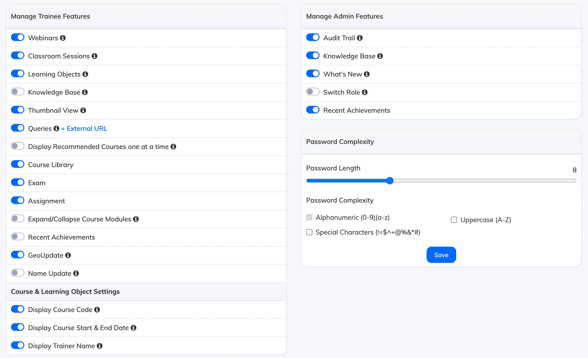 Manage Features settings in AlphaLearn LMS