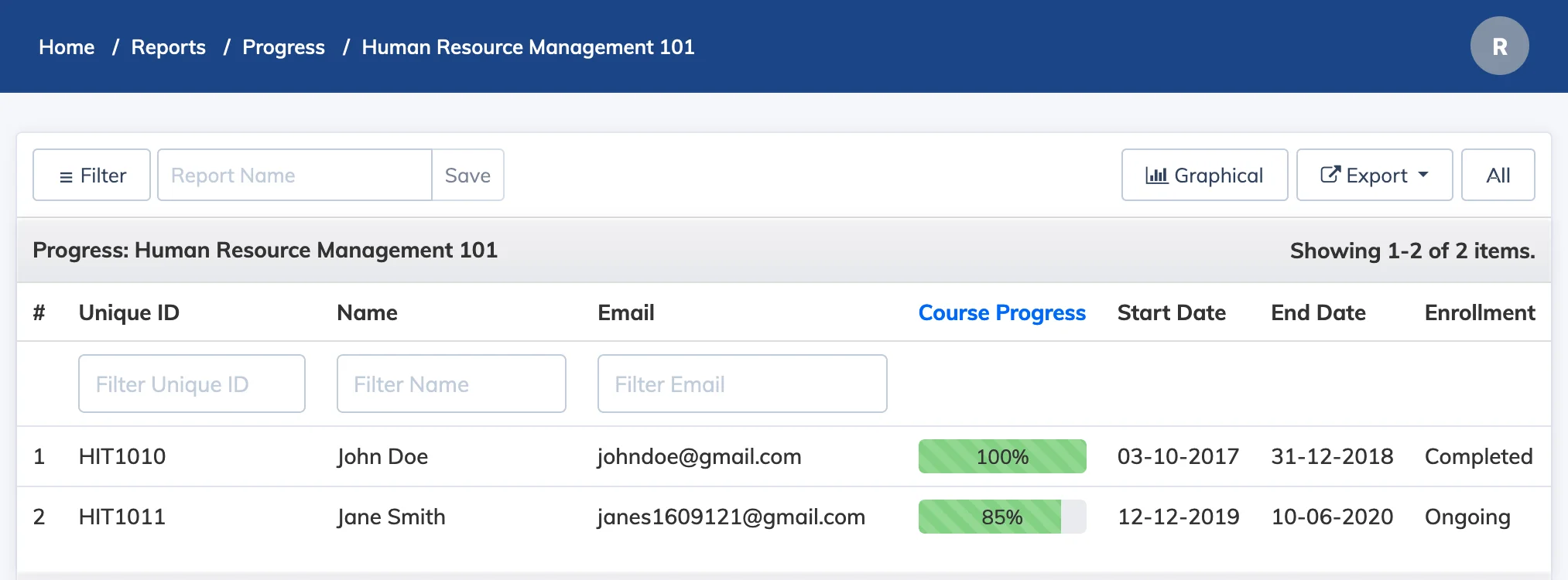 Trainee Progress Report in AlphaLearn LMS