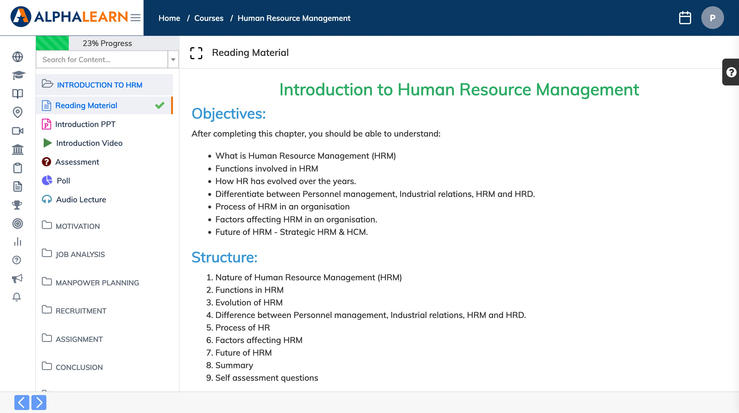 View course material in AlphaLearn LMS