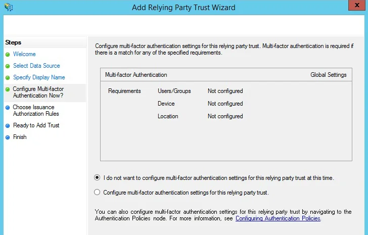 Ready to Add Trust page in ADFS