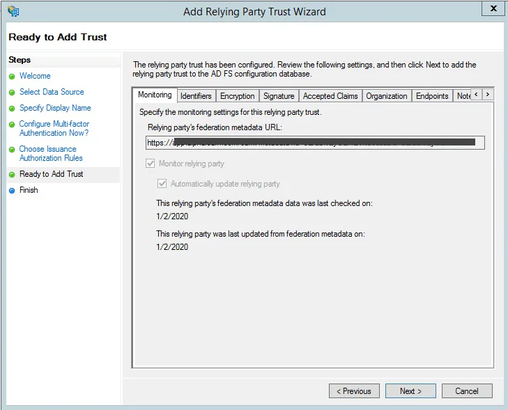 ADFS relying party trust wizard step