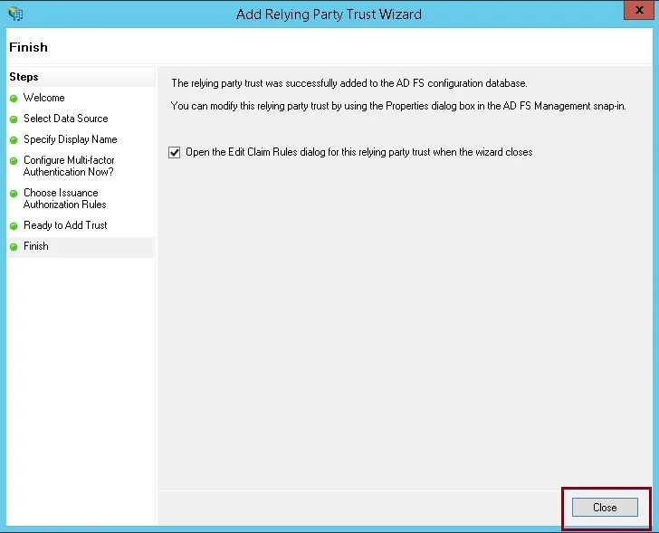 Relying party trust added in ADFS
