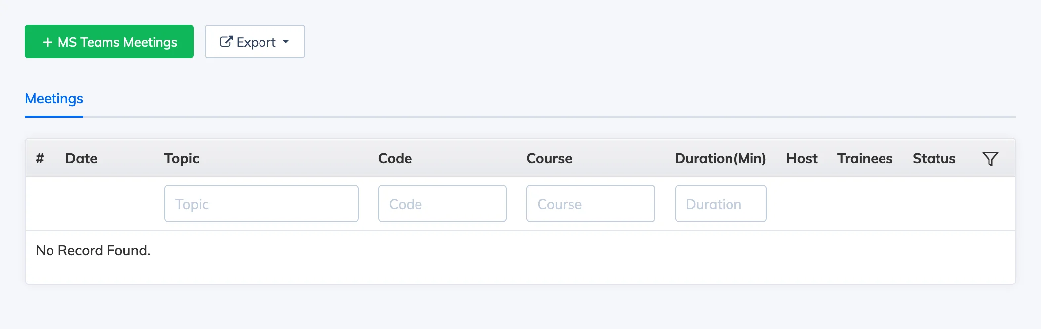 MS Teams meeting list in AlphaLearn LMS