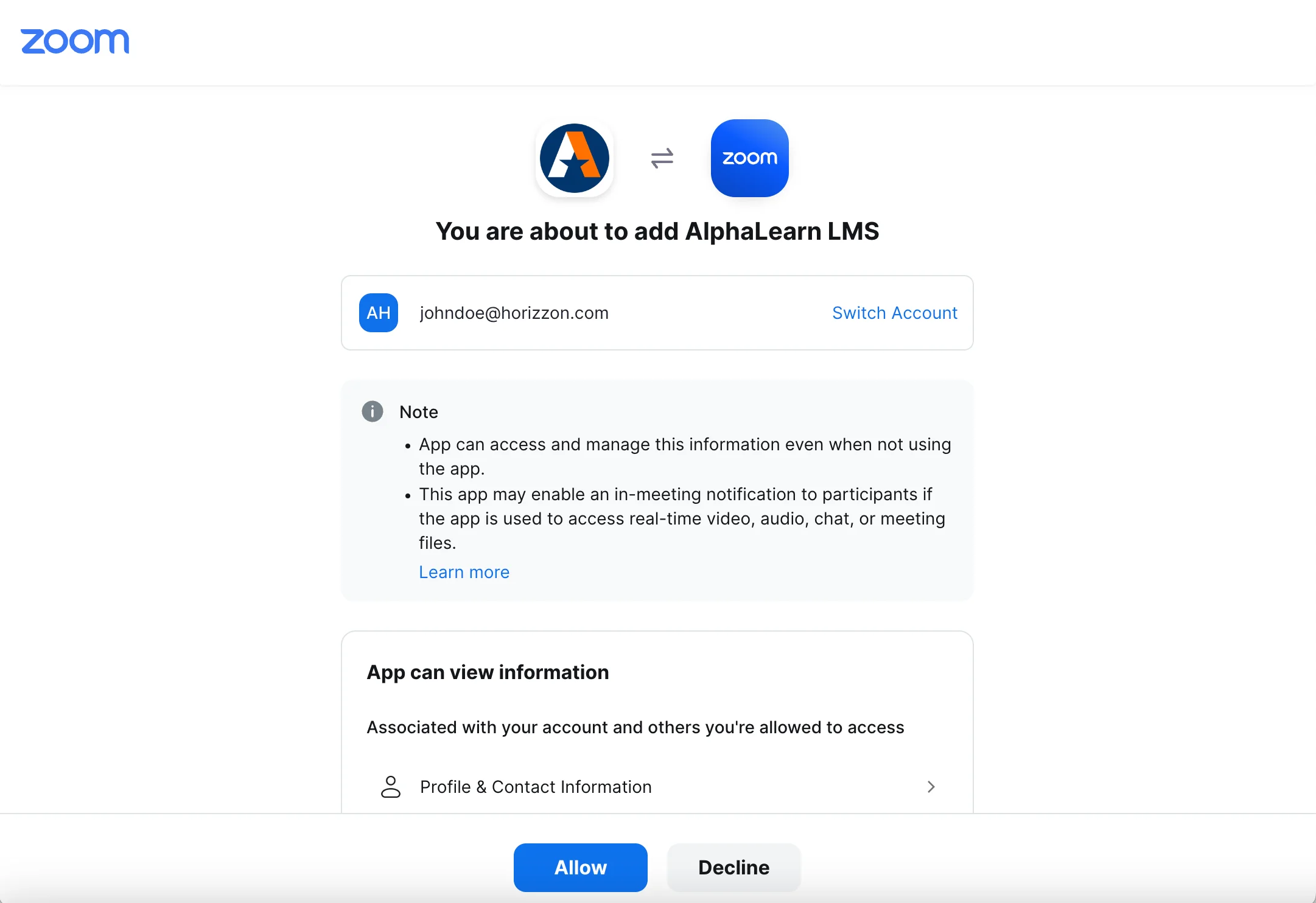 Zoom authorisation screen