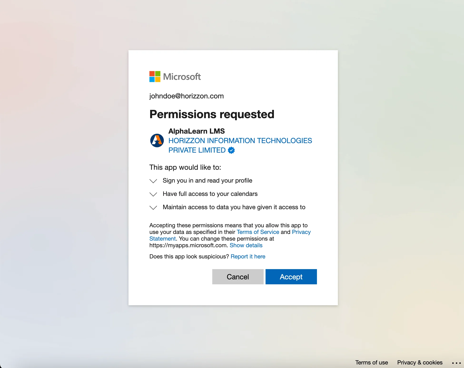 MS Teams authorisation screen for AlphaLearn LMS