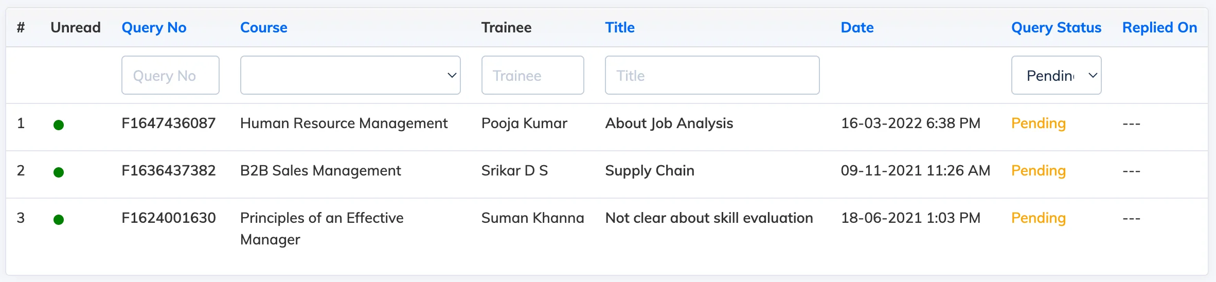 Manage course queries in AlphaLearn LMS