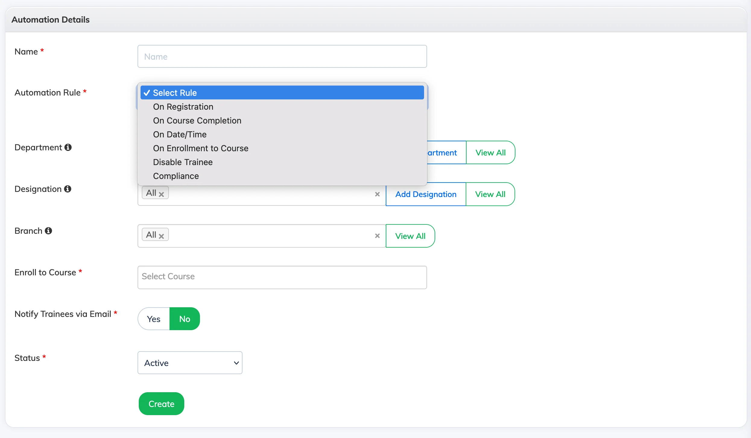 Automation rules in AlphaLearn LMS