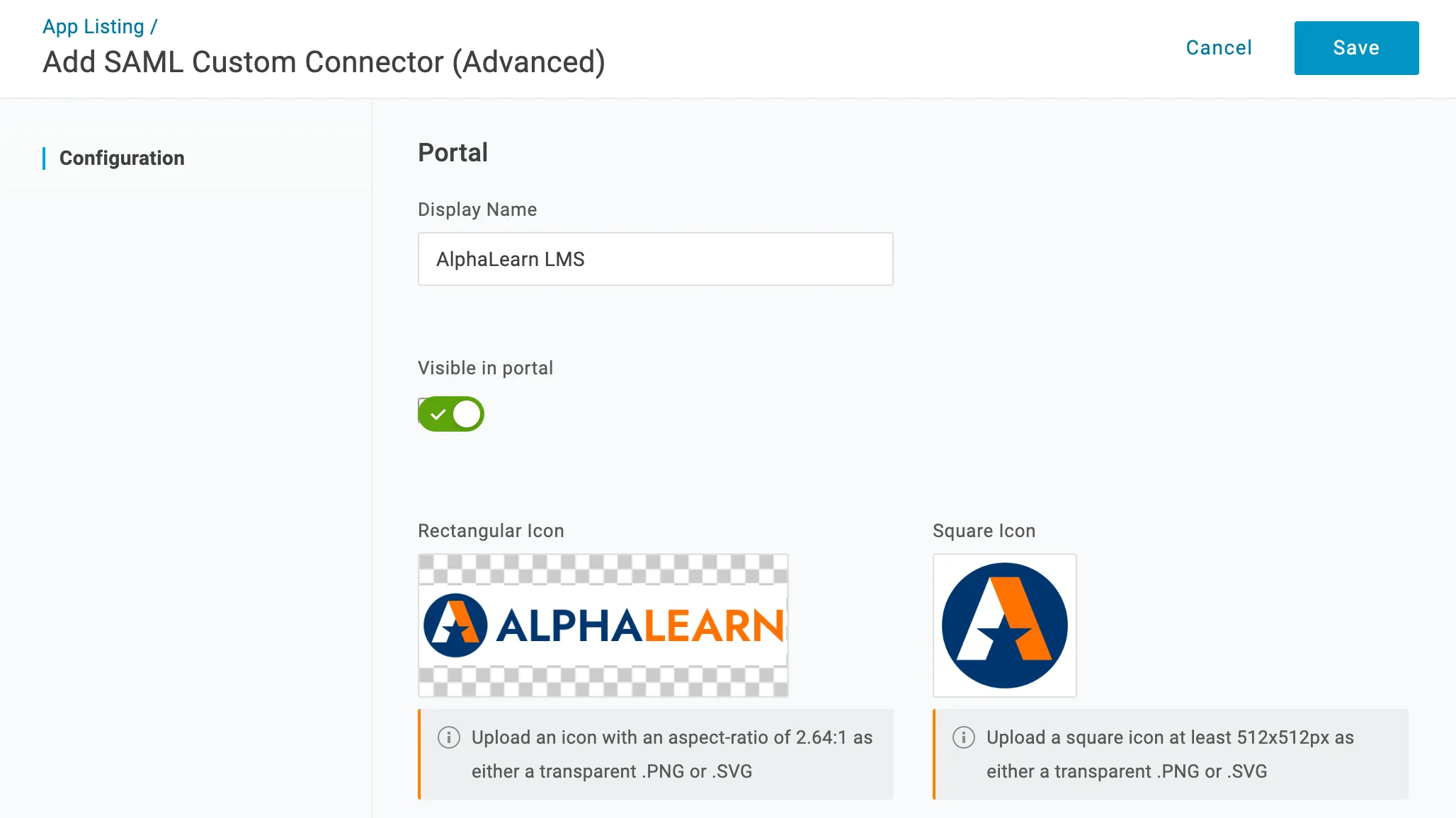 Setting display name for AlphaLearn LMS in OneLogin