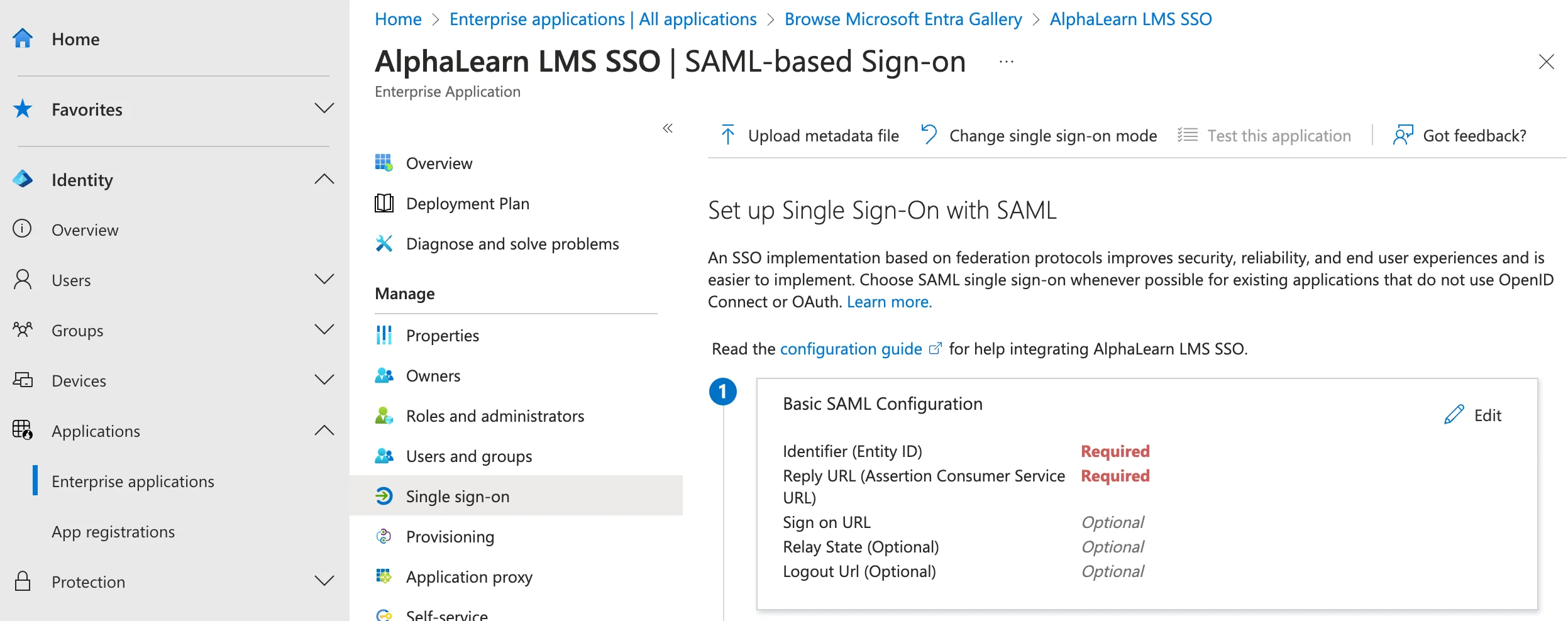 Basic SAML configuration in Microsoft Entra