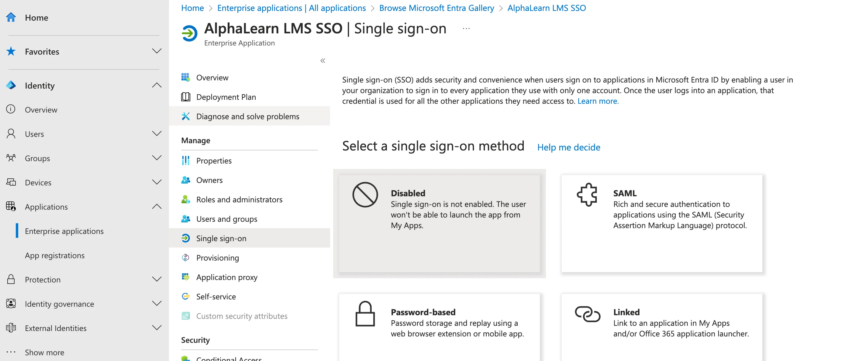 Selecting SAML as the sign-on method in Entra