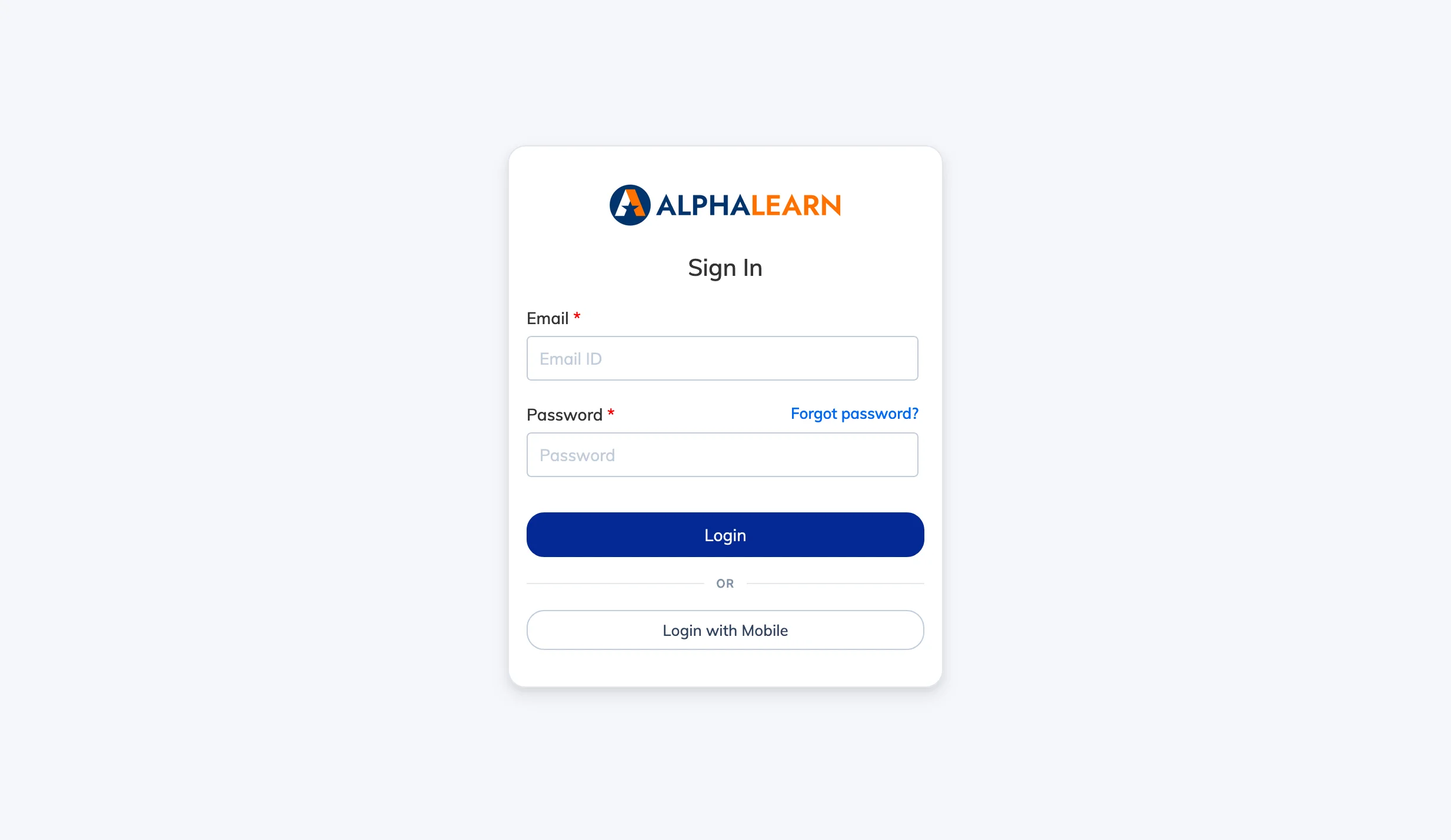 Login with mobile OTP screen in AlphaLearn LMS