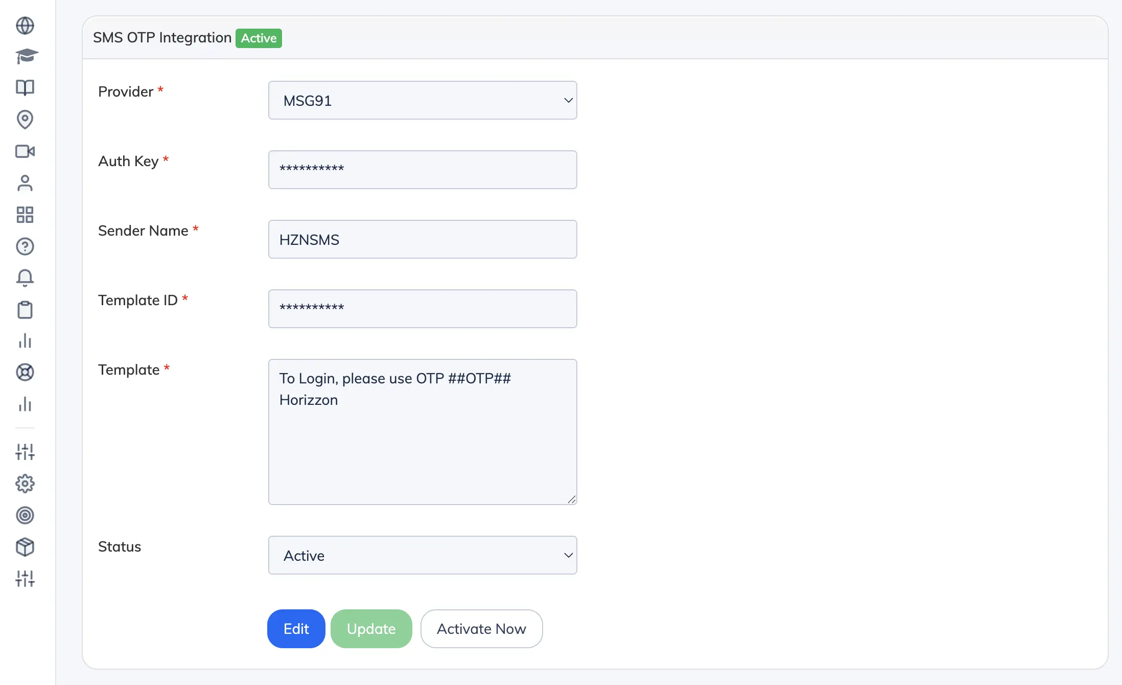 SMS integration settings in AlphaLearn LMS
