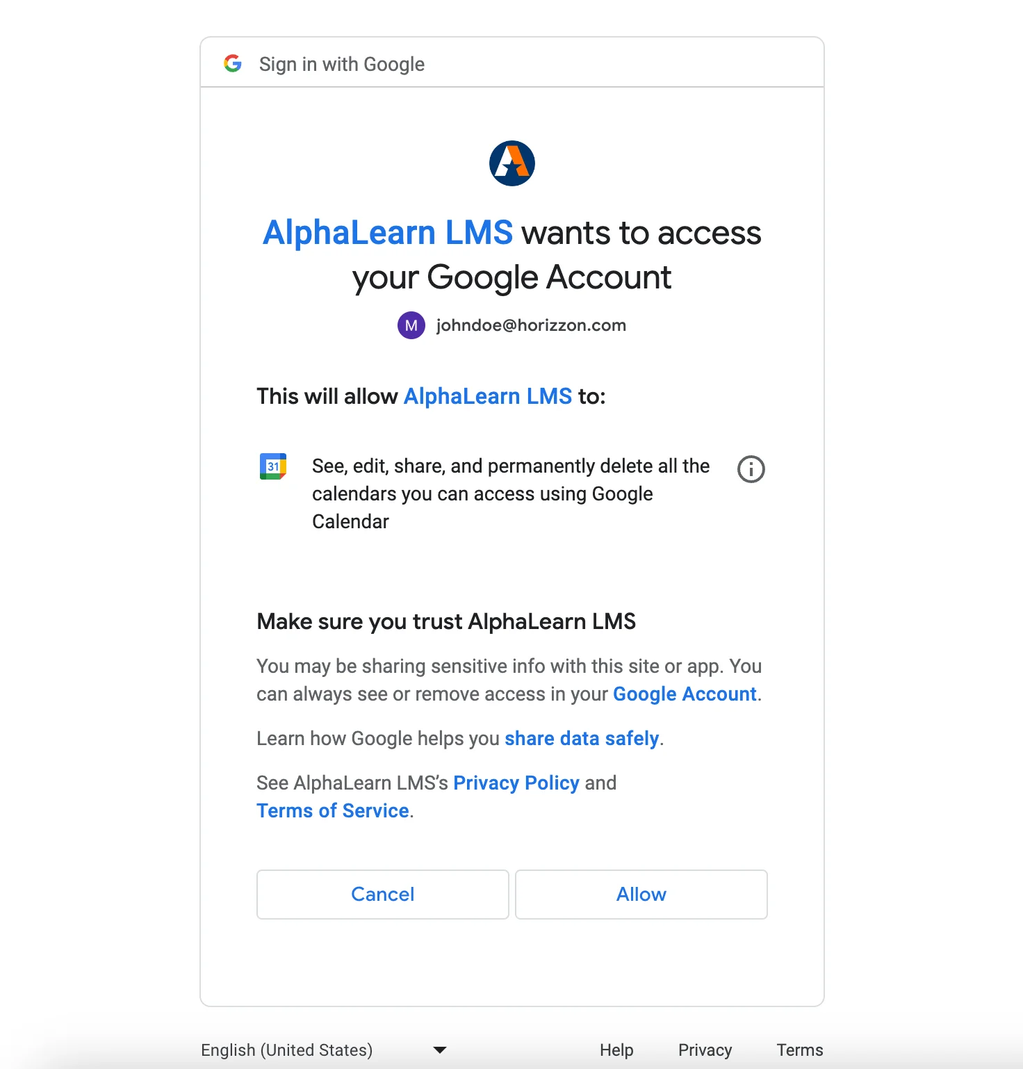 Google account authorisation for AlphaLearn LMS
