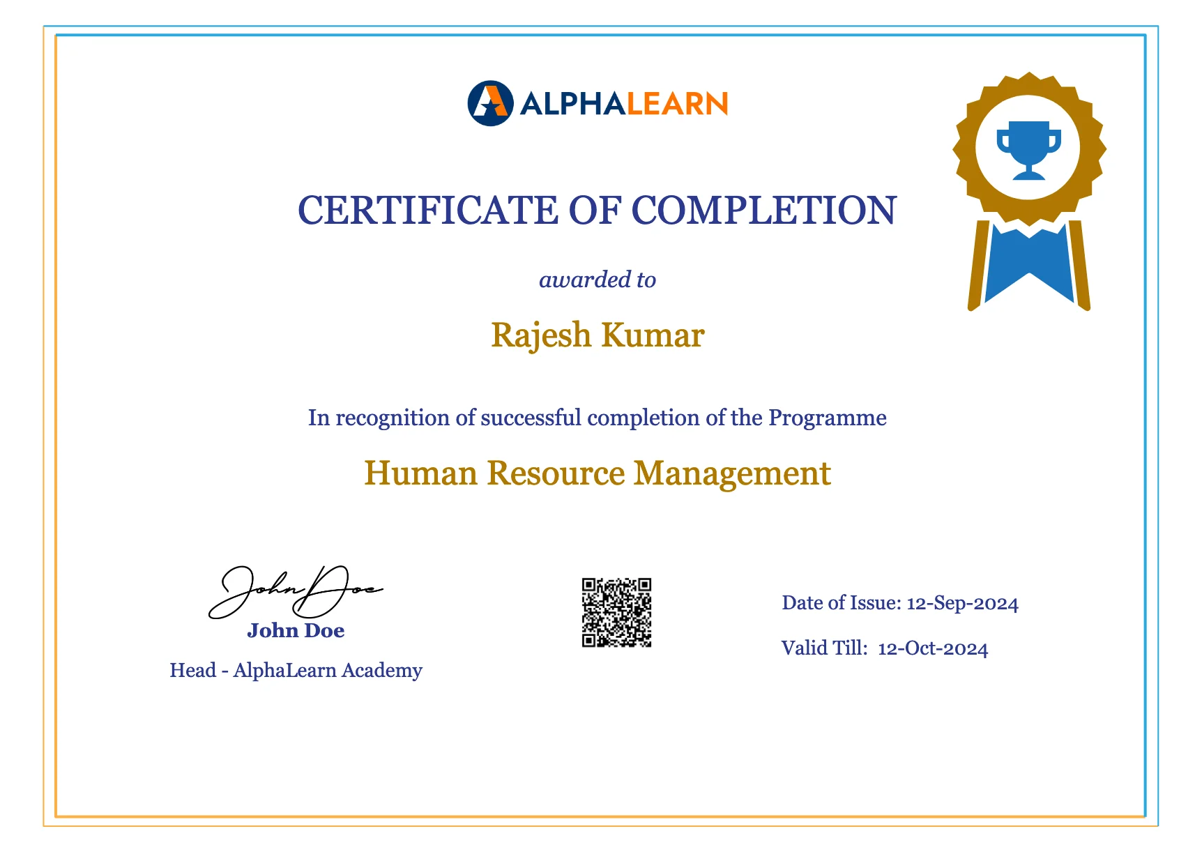 Course certificate preview in AlphaLearn LMS