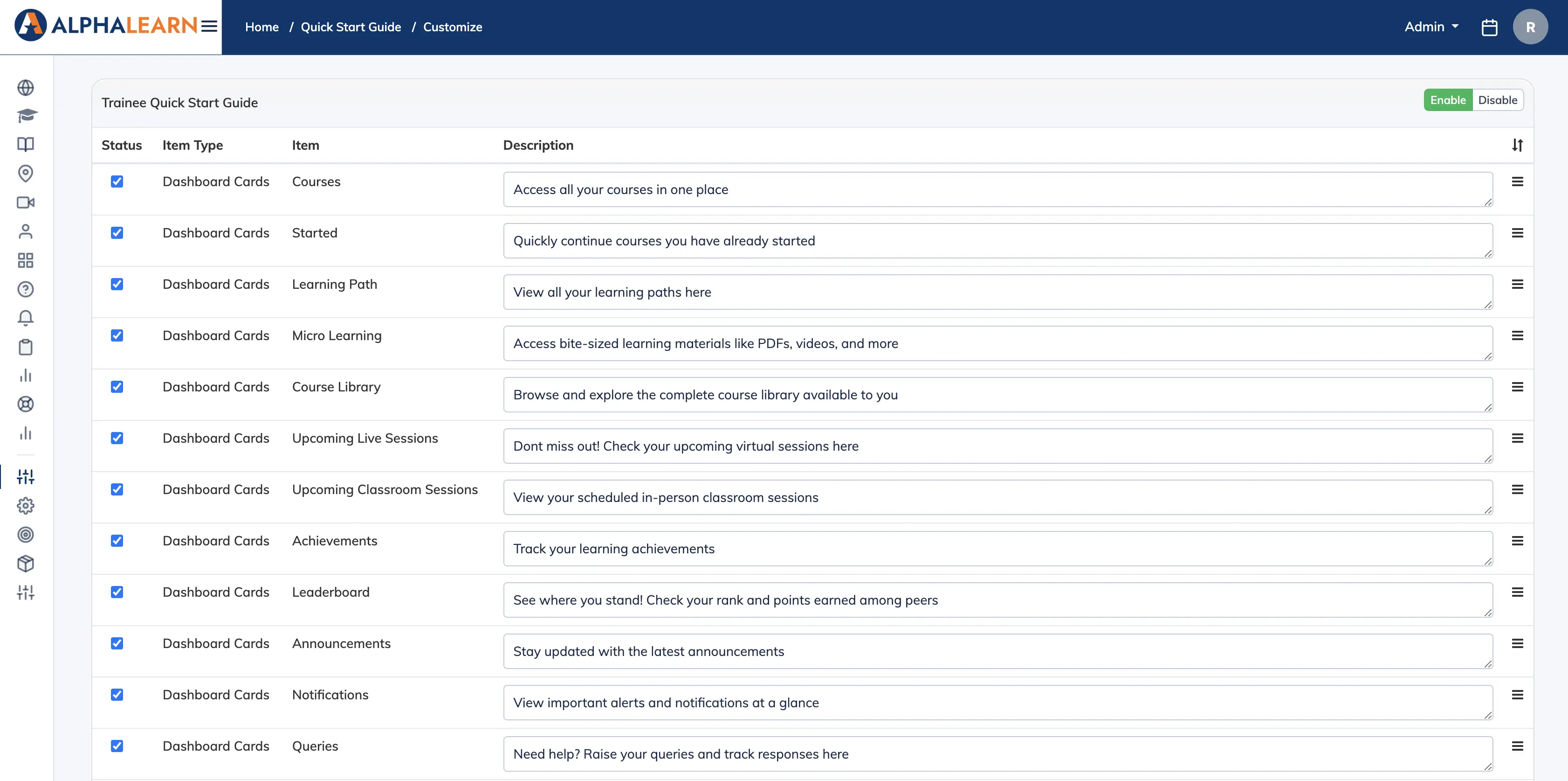 Quick Start Guide settings in AlphaLearn LMS