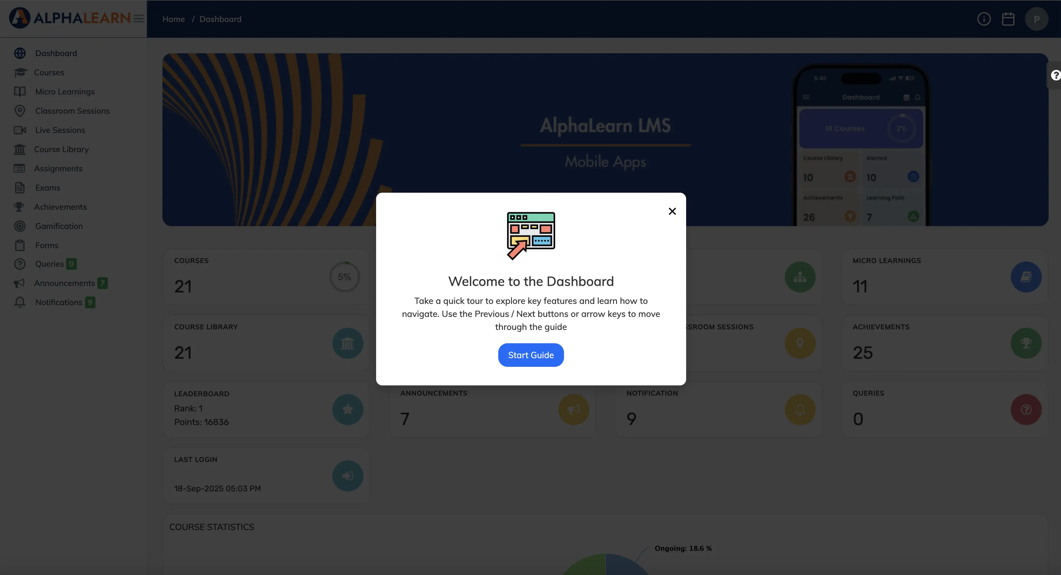 Quick Start Guide learner view in AlphaLearn LMS