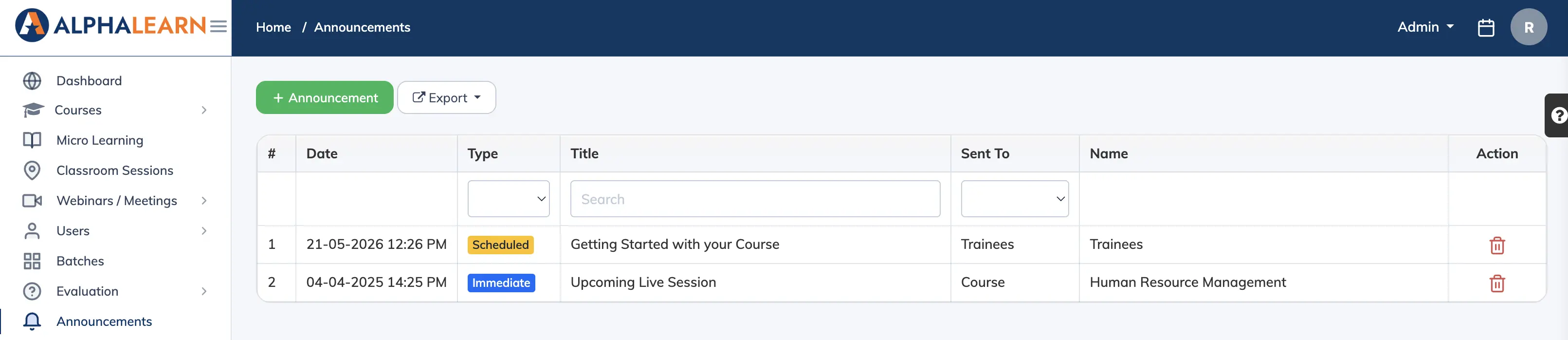 View Announcements in AlphaLearn LMS
