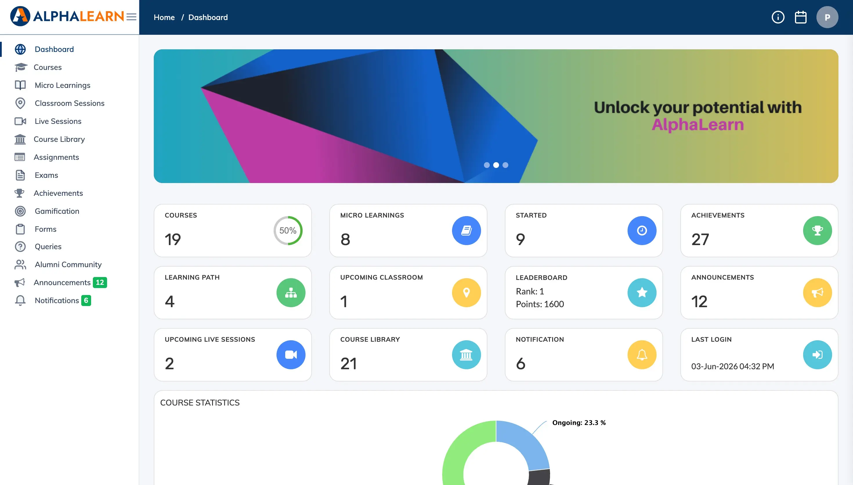 AlphaLearn cloud LMS learner dashboard - courses, achievements, leaderboard and live sessions